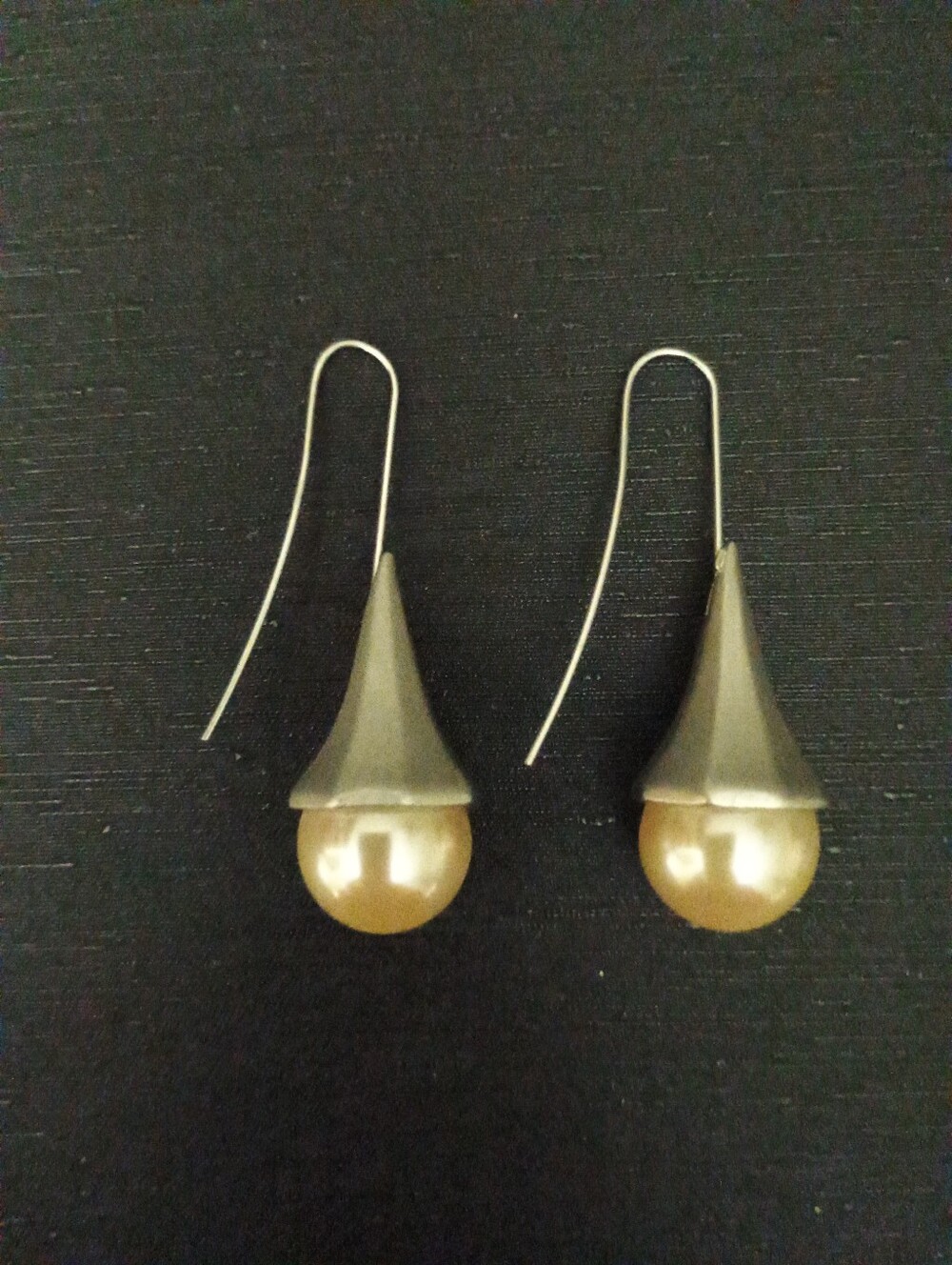 Metal Cone Drop Earrings with Champagne Pearl